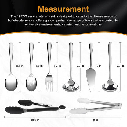 17PCS Serving Utensils Set Flatware, Stainless Steel Serveware Large Serving Spoons, Slotted Spoons, Forks, Tongs, Cake Server,Soup and Skimmer Spoon for Buffet, Catering, Party, Dinner (Silver)