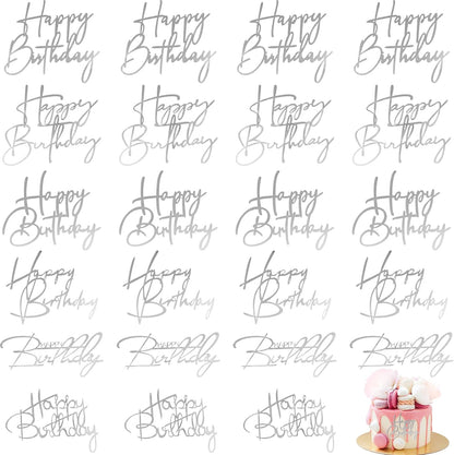 Barydat 24 Pieces Gold Happy Birthday Cake Toppers Mirror Acrylic Cupcake Topper Happy Birthday Sign for Cake Side Cupcake Decorations, 6 Styles