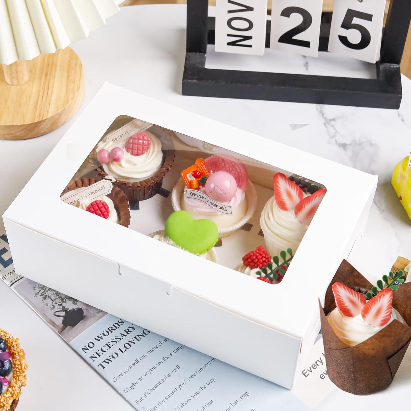 NPLUX 15 Pack Cupcake Boxes with Inserts 6 Holders, White Standard Bakery Boxes with Window Food Grade Cupcake Containers 6 Count for Muffins
