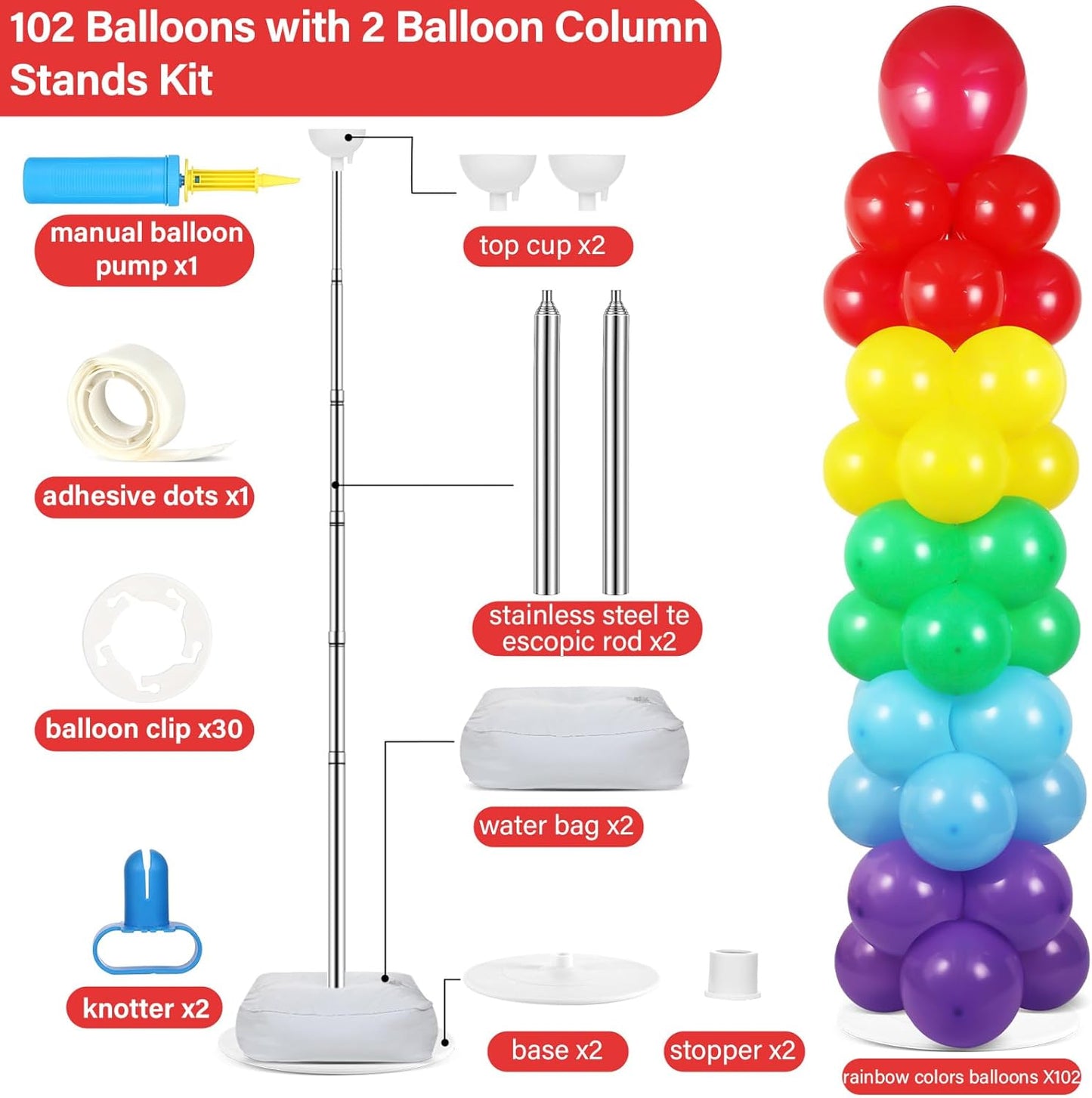 2 Set Black and Gold Balloons Column Stand Kit with 100 Balloons Adjustable Balloon Stand with Bases for Floor Black Gold Confetti Balloon Column Kit for Bridal Shower Valentine Birthday Party Decor