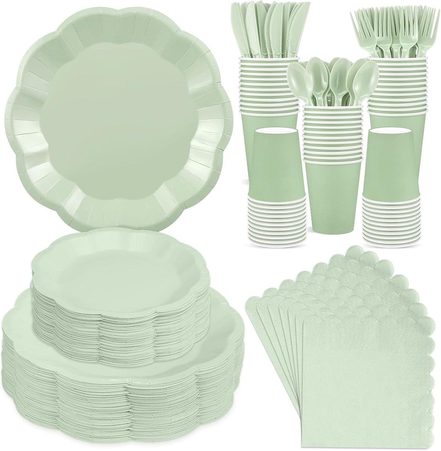 NatNarr 175 Pcs Sage Green Plates and Napkins Set, 25 Guest Sage Green Party Supplies Include Scalloped Paper Plate Napkin Cup Forks Knives Disposable Plastic Cutlery for Wedding Baby Shower Birthday