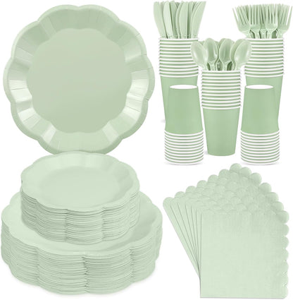 NatNarr 175 Pcs Sage Green Plates and Napkins Set, 25 Guest Sage Green Party Supplies Include Scalloped Paper Plate Napkin Cup Forks Knives Disposable Plastic Cutlery for Wedding Baby Shower Birthday