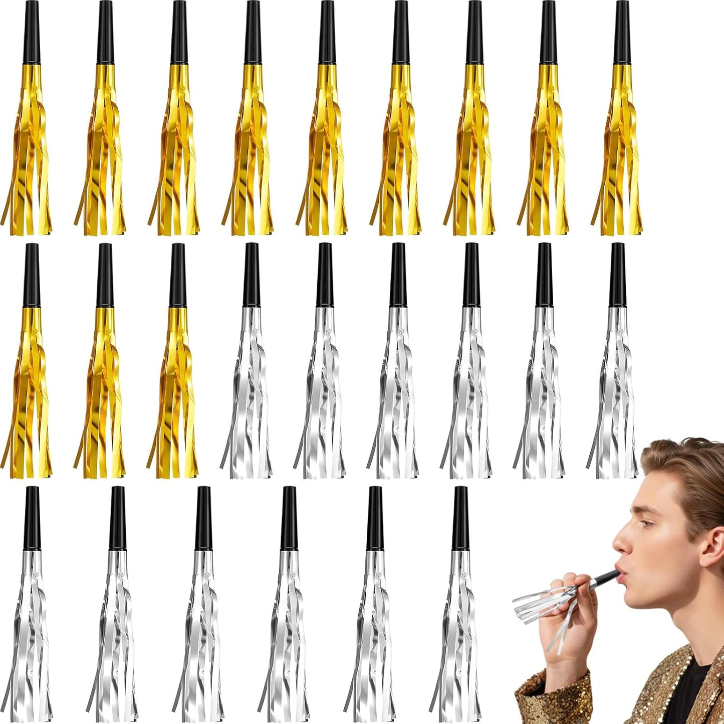 Sumind 24 Pcs Gold Noise Makers Metallic Fringed Party Blowers Horns Whistles Noisemakers Party Favors for Adults Birthday Graduation Sporting Events Celebration Surprise Supplies