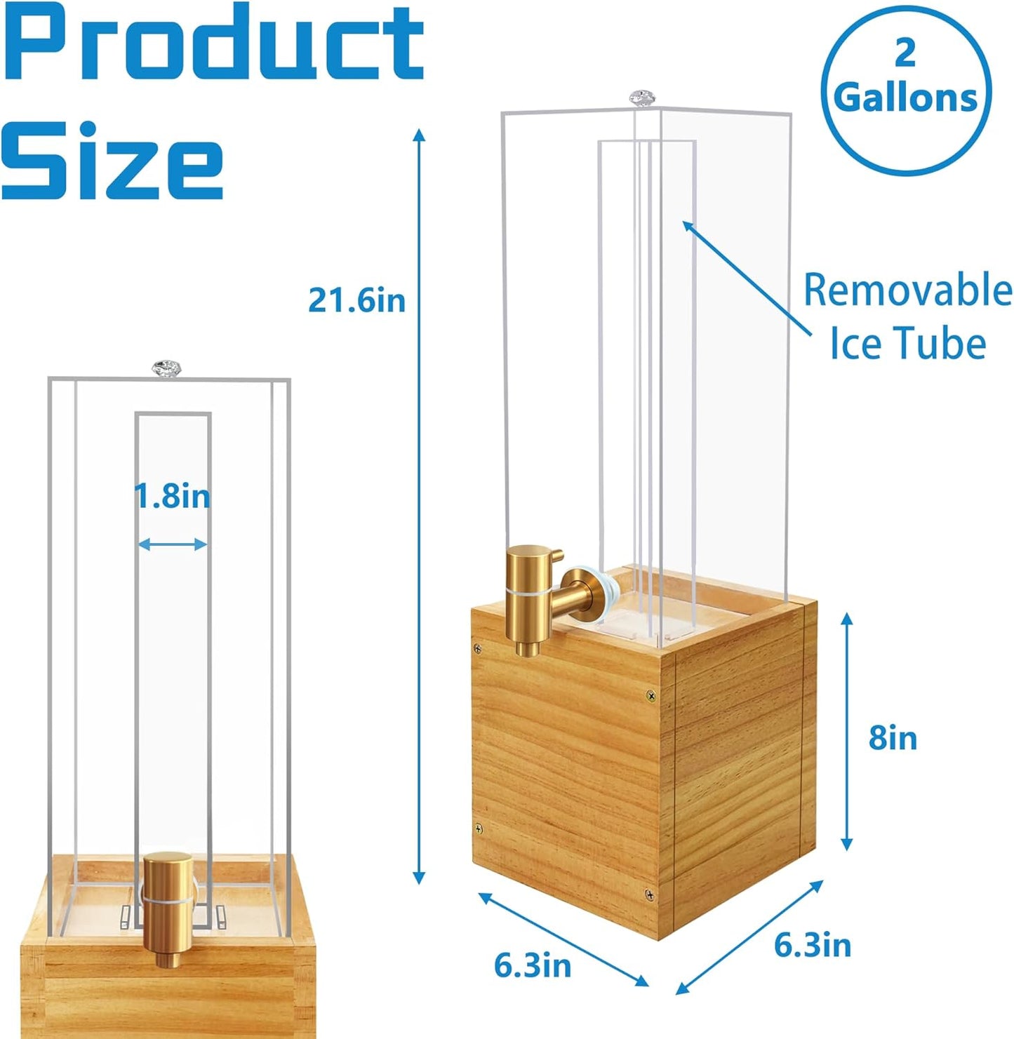 2 Gallon Large Drink Dispenser, Drink Dispenser with Wood Stand, Drink Dispensers for Parties with Ice Core, Beverage Dispenser with Airtight Valve for Water, Punch, Juice