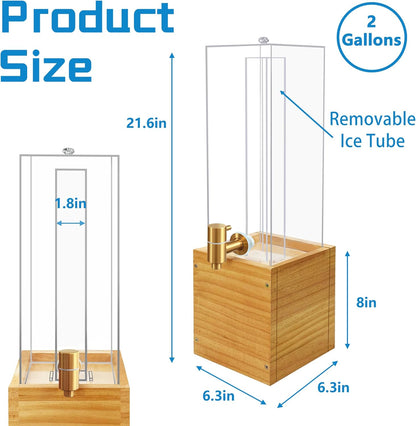 2 Gallon Large Drink Dispenser, Drink Dispenser with Wood Stand, Drink Dispensers for Parties with Ice Core, Beverage Dispenser with Airtight Valve for Water, Punch, Juice