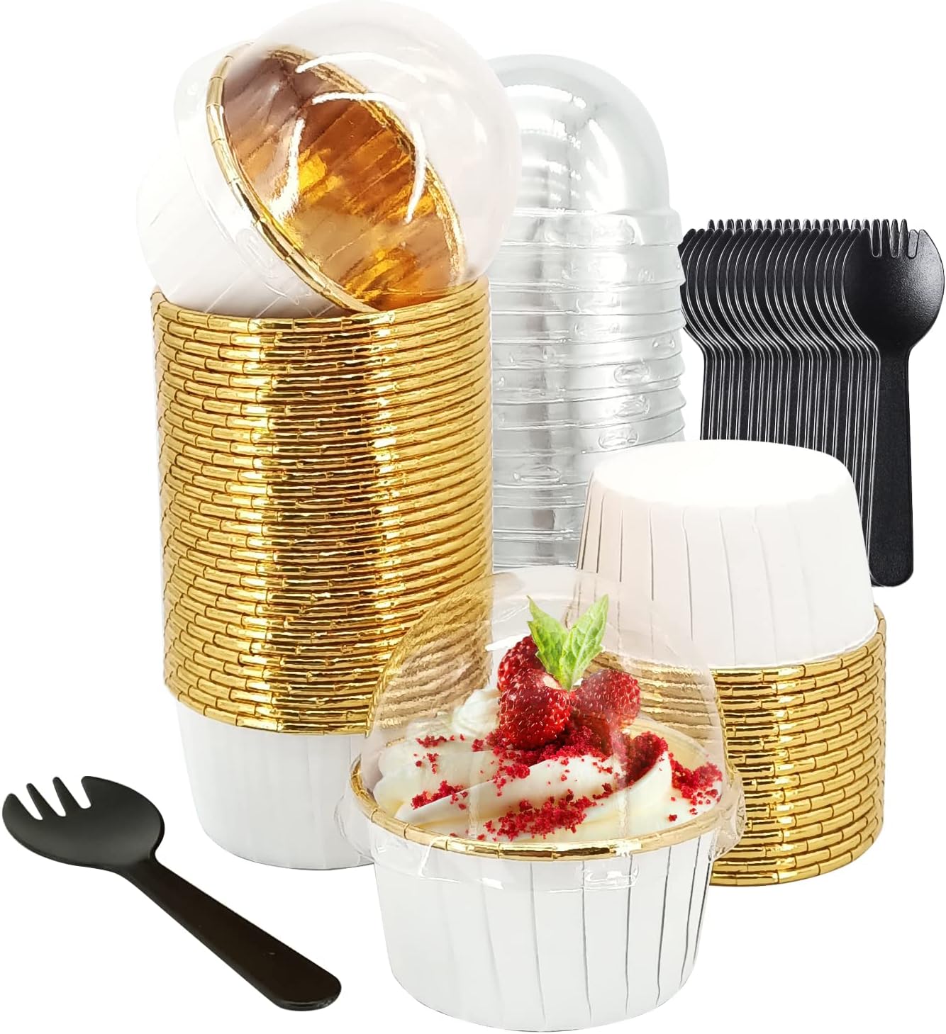 Cupcake Liners with Lids 50 Pack,LNYZQUS 5oz Large Foil Cupcake Cups Muffin Tins,Disposable Baking Cups Muffin Liners Wrappers Holders for Wedding Valentine-Pink in gold