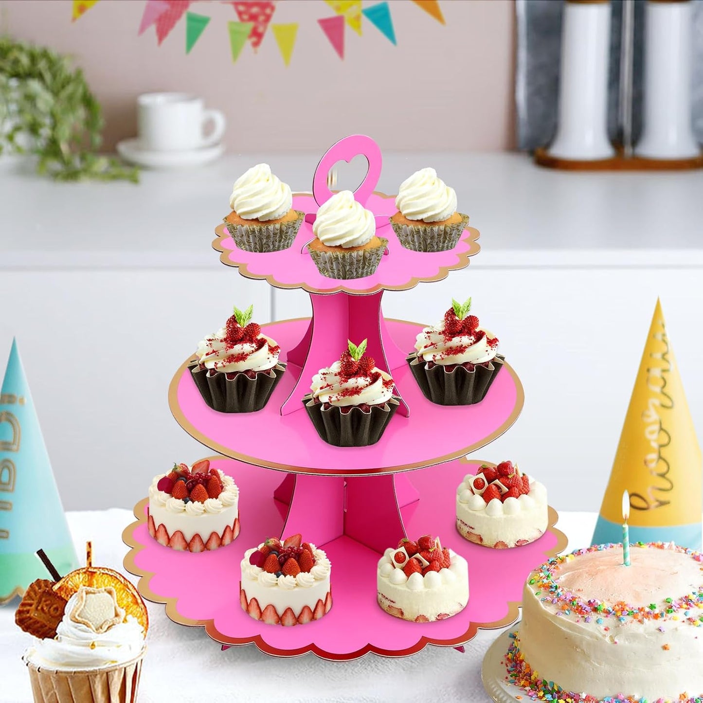 Soleebee 3-Tier Cupcake Stand, Cardboard Cupcake Tower, Cup Cake Stand Tower for Birthday Wedding Party Decoration, Cupcake Tier Stand Desserts Display 1 Set (Purple Gold)