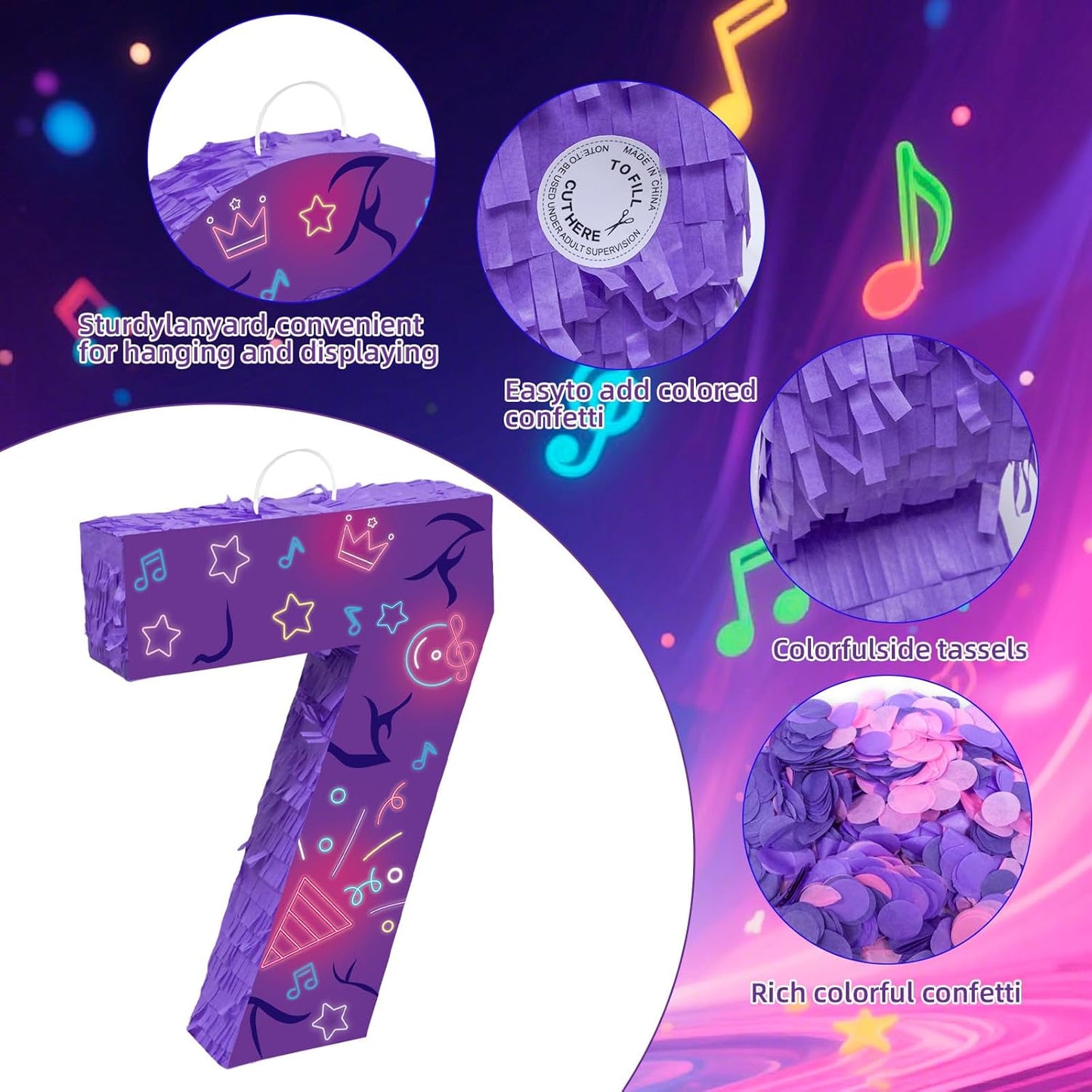 Musical Note Birthday Decorations, 15.7 x 11.5 x 3 Inch Purple Musical Note Number 7 Pinata with 16 Inch Piñata Stick Blindfold Confetti for 7th Music Theme Birthday Party Supplie