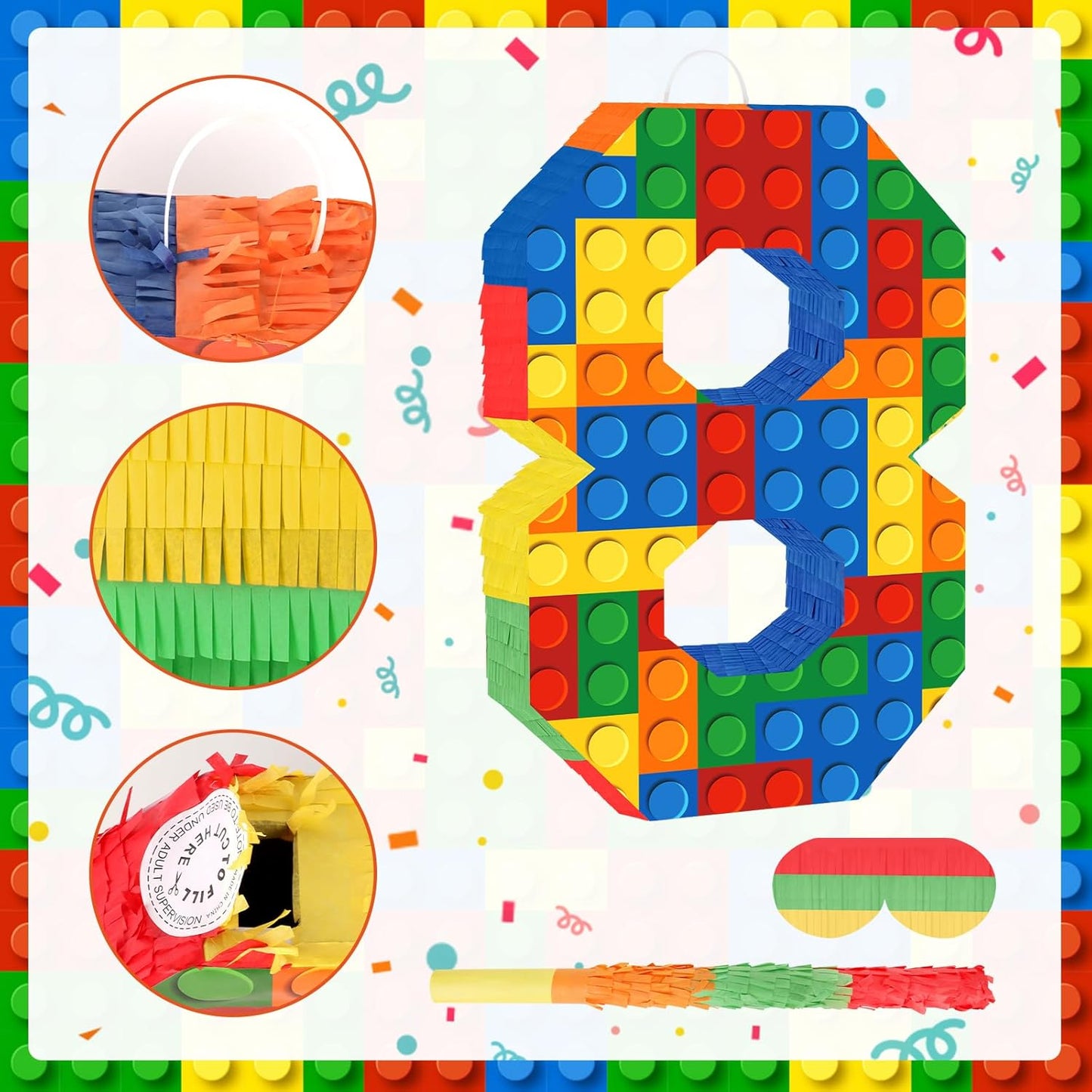 Number 7 Pinata Building Blocks with Pinata Stick Blindfold 7th Birthday Party Decorations Happy Birthday Building Block Theme Anniversary Party Supplies for Kids (Small, 16 x 10.6 x 3 in)