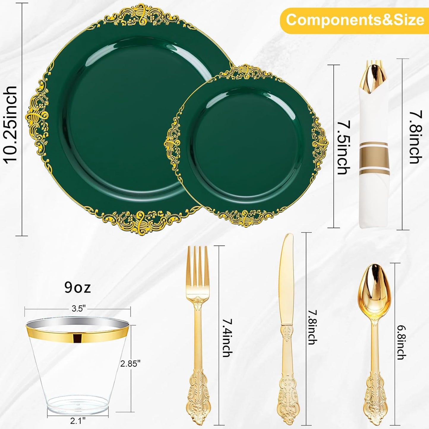 Nervure 350PCS Gold Plastic Plates - Gold Plastic Dinnerware Sets for 50 Guests - 100 Disposable Plates, 150 Silverware, 50 Cups, 50 Napkins for Wedding & Party & Mothers Day