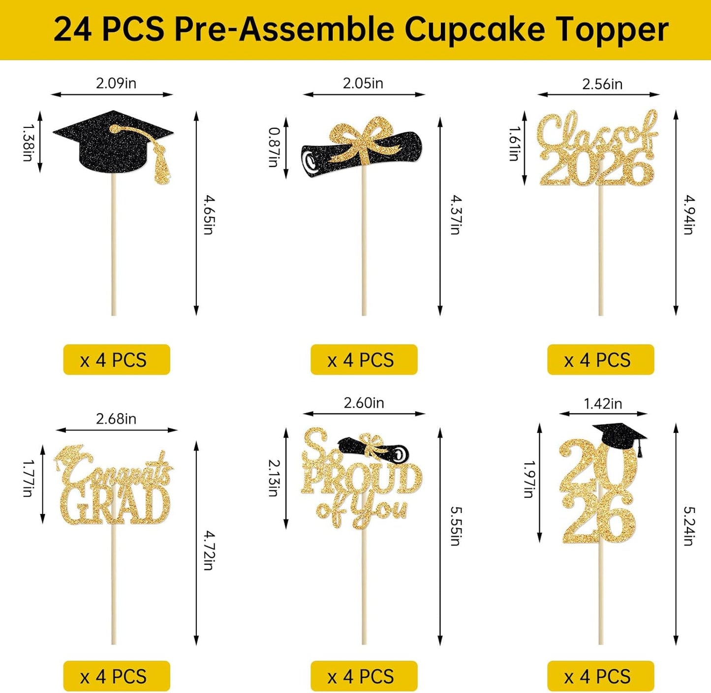 24 Pcs Graduation Cupcake Toppers 2026 - Congrats Grad Decorations Class of 2026, Pre-Assembled Black Gold Grad Cake Topper Centerpieces for Graduation Party Decoration Supplies Table Decor, 6 Styles