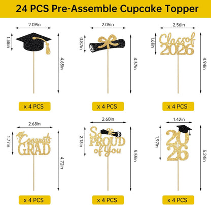 24 Pcs Graduation Cupcake Toppers 2026 - Congrats Grad Decorations Class of 2026, Pre-Assembled Black Gold Grad Cake Topper Centerpieces for Graduation Party Decoration Supplies Table Decor, 6 Styles