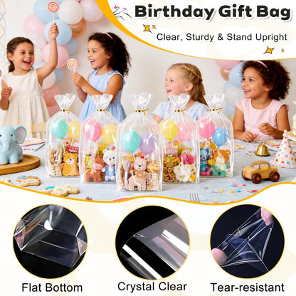 PigPotParty Cellophane Treat Bags 6x9 Inch, 50 Pack Clear Goodie Bags with Bottom Gusset for Stand-Up Display, Small Plastic Gift Wrap for Cookies, Candy, Party Favors, Popcorn, Includes 50 Gold Ties