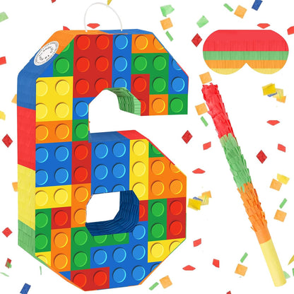Number 7 Pinata Building Blocks with Pinata Stick Blindfold 7th Birthday Party Decorations Happy Birthday Building Block Theme Anniversary Party Supplies for Kids (Small, 16 x 10.6 x 3 in)