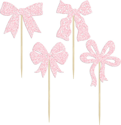 Ephlyn 24Pcs Pink Bow Cupcake Toppers Bow Birthday Cake Topper Girls Birthday Party Decorations Bowknot Cupcake Decorations for Bridal Wedding Themed Party Multi