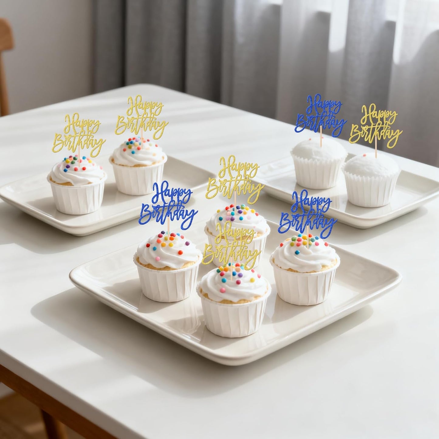 24 PCS Happy Birthday Cupcake Toppers Glitter Picks for Celebrating Anniversary Theme Party Cake Decorations Supplies Gold