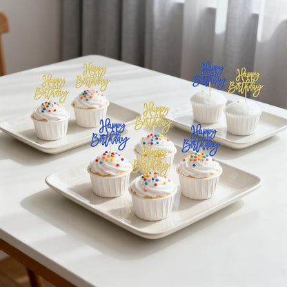 24 PCS Happy Birthday Cupcake Toppers Glitter Picks for Celebrating Anniversary Theme Party Cake Decorations Supplies Gold