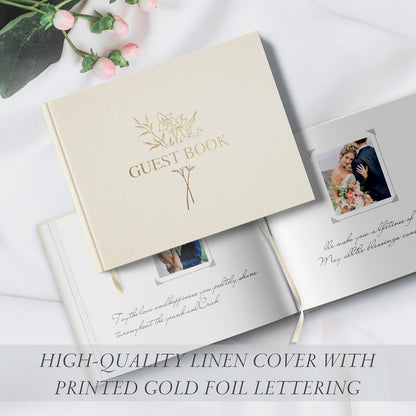 Wedding Guest Book for Memorial Service with 216 Photo Corners Stickers, Linen Guestbook to Sign at Bridal Shower or Wedding Reception Party,100 Pages, Blank Thick Paper Books for Baby Shower- Sage