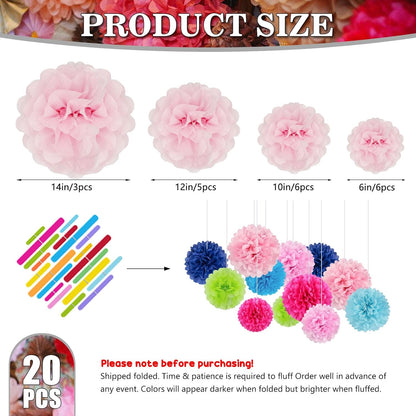 Tissue Paper Pom Poms, Pink Tissue Paper Flowers, Hanging Flower Balls for Weddings Fiesta Parties Birthday Baby Showers Classroom Bridal Shower Decoration (18Piece Set-6/10/12/14Inch)