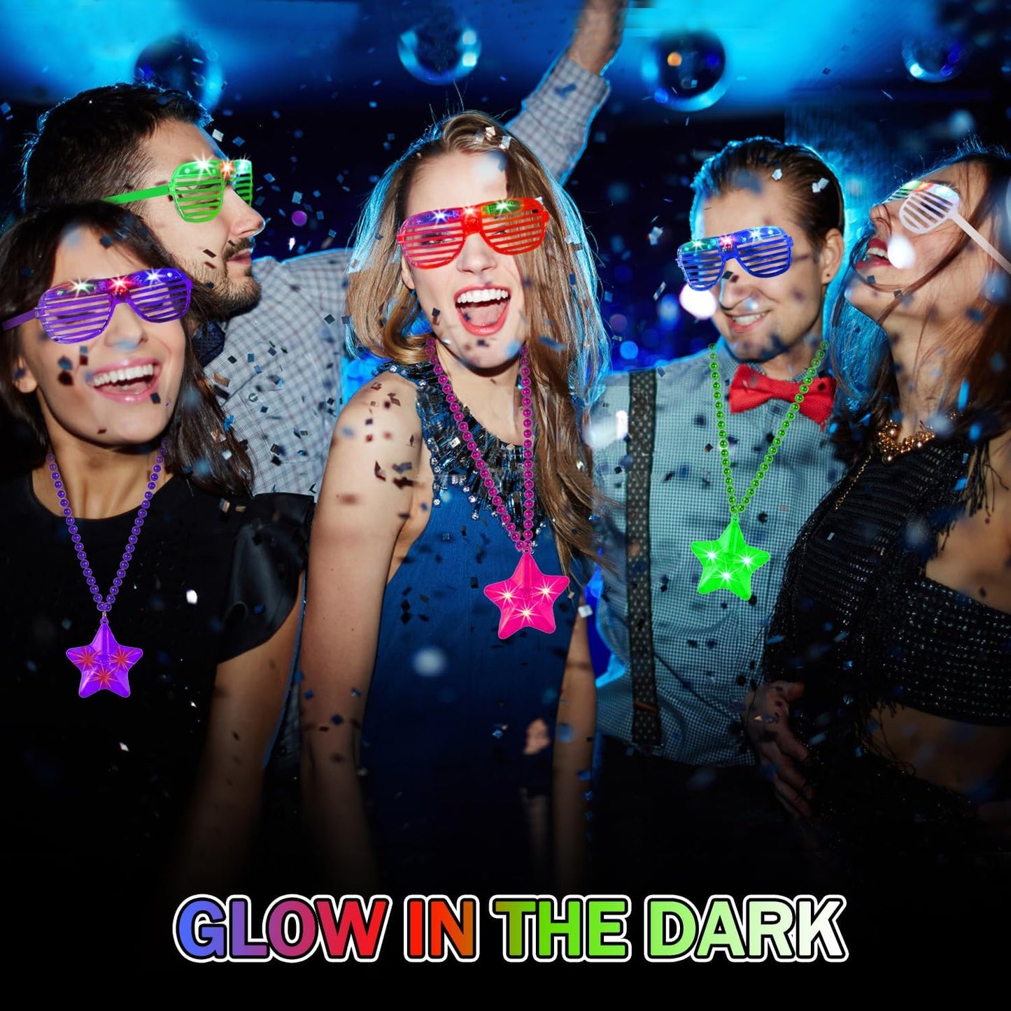 6 Pack Clear LED Glow Star Necklace Bulk Beaded Necklaces for Halloween Christmas Decorations Mardi Gras Party Favors