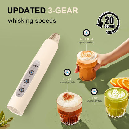 YUSWKO Black Handheld Milk Frother Wand for Coffee, Rechargeable Electric Whisk with 3 Heads 3 Speeds Drink Mixer Coffee Frother For Latte, Cappuccino, Hot Chocolate, Egg