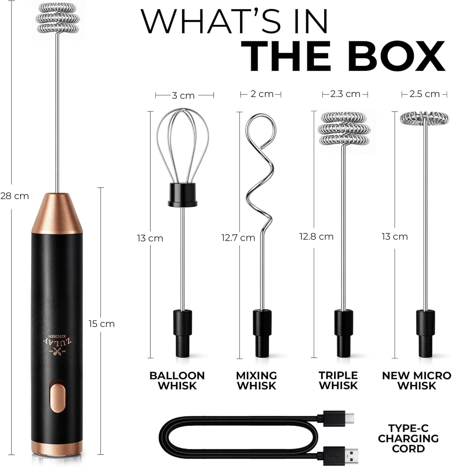 Zulay Kitchen Powerful Milk Frother Wand With Duracell Batteries - Ultra Fast Handheld Drink Mixer - Electric Whisk Foam Maker for Coffee, Lattes, Cappuccino & Matcha - Z1 Motor - Black - Colors C