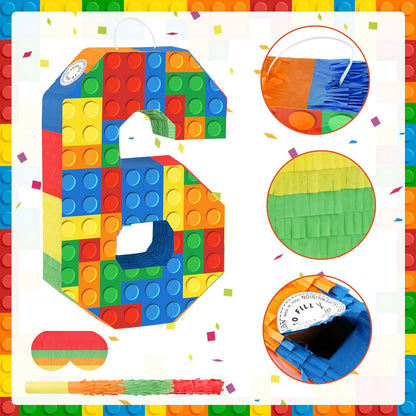 Number 7 Pinata Building Blocks with Pinata Stick Blindfold 7th Birthday Party Decorations Happy Birthday Building Block Theme Anniversary Party Supplies for Kids (Small, 16 x 10.6 x 3 in)