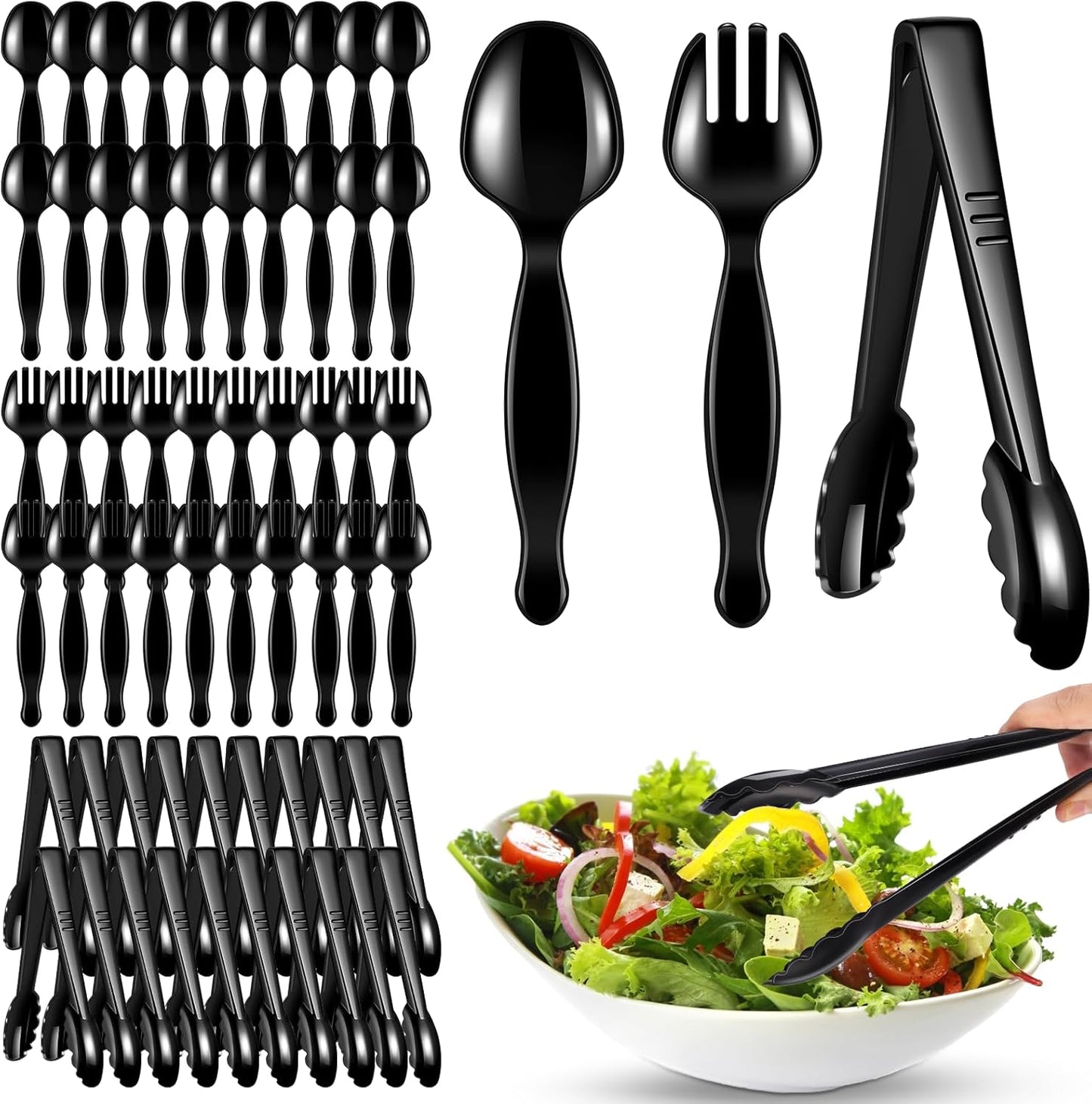 30 Pcs Disposable Black Plastic Serving Utensils,10 Set Including 9" Plastic Serving Spoons, Forks and Tongs for Dinner Parties, Buffets,Banquets, Events, Weddings, and Daily Use