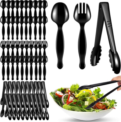 30 Pcs Disposable Black Plastic Serving Utensils,10 Set Including 9" Plastic Serving Spoons, Forks and Tongs for Dinner Parties, Buffets,Banquets, Events, Weddings, and Daily Use