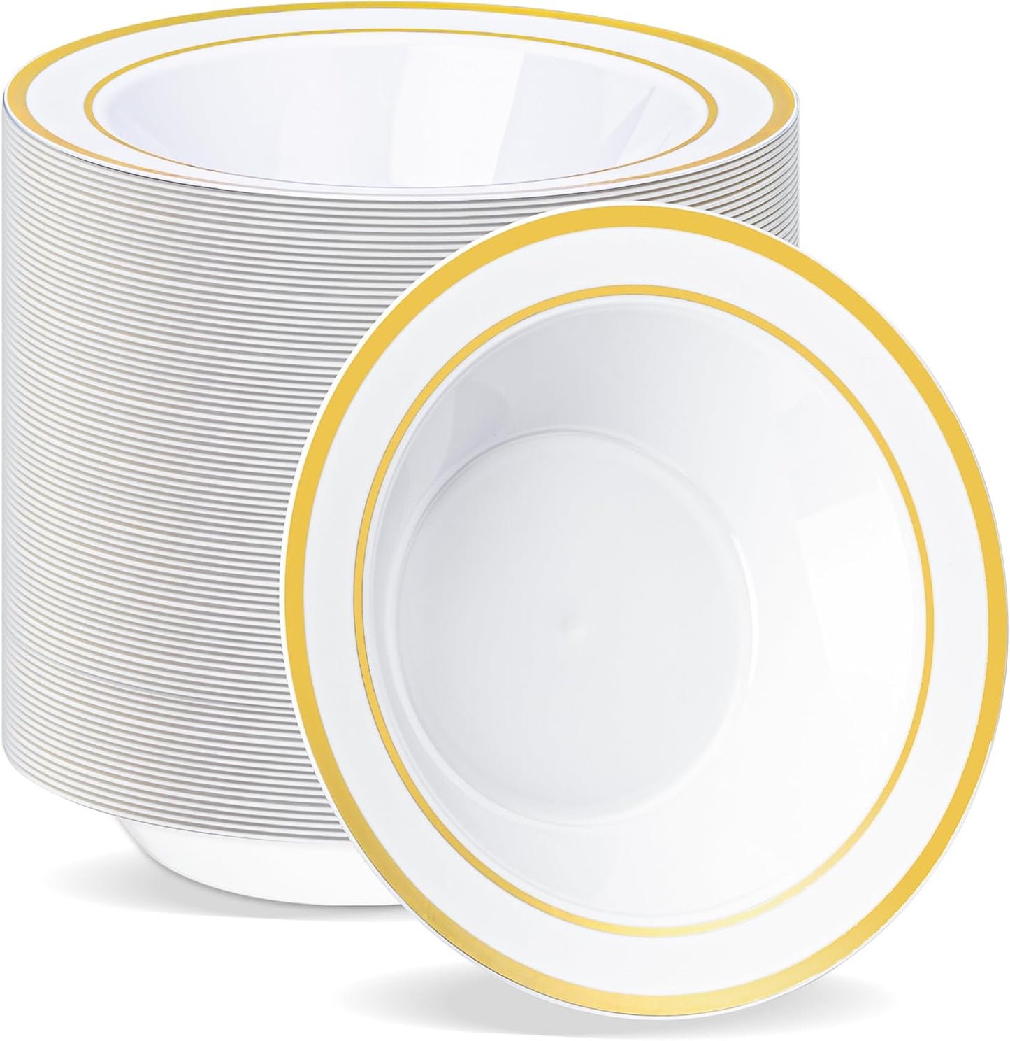 BESTVIP 100 Pack Plastic Bowls with Gold Rim, 12 oz Disposable Soup Bowls, Heavy-duty Dessert Salad Bowl for Party, Wedding, Christmas, Dinner, Catering