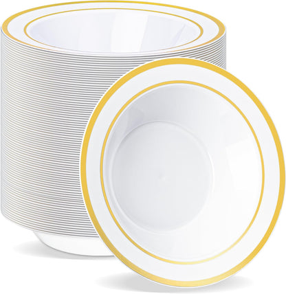 BESTVIP 100 Pack Plastic Bowls with Gold Rim, 12 oz Disposable Soup Bowls, Heavy-duty Dessert Salad Bowl for Party, Wedding, Christmas, Dinner, Catering