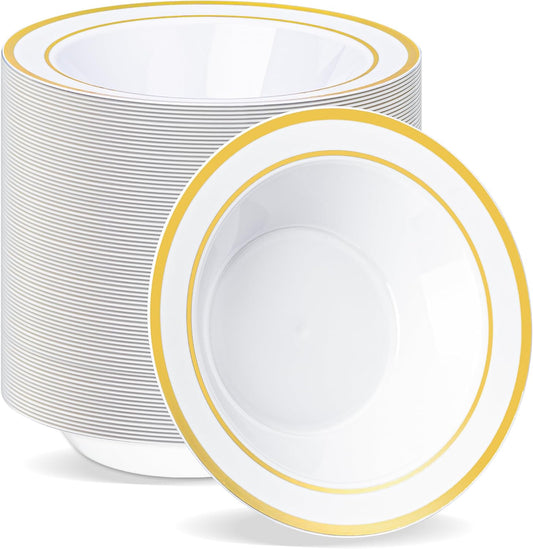 BESTVIP 100 Pack Plastic Bowls with Gold Rim, 12 oz Disposable Soup Bowls, Heavy-duty Dessert Salad Bowl for Party, Wedding, Christmas, Dinner, Catering