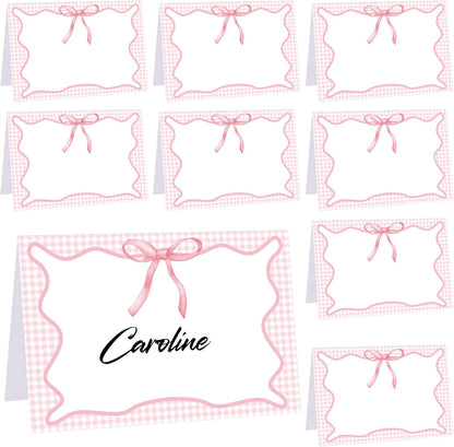 Maitys 24 Pcs Blue Gingham Picnic Party Decoration Bow Place Cards 6 x 4 Inch Summer Themed Bow Tent Card Large Holiday Table Setting Food Label for Summer BBQ Bridal Showers Supplies