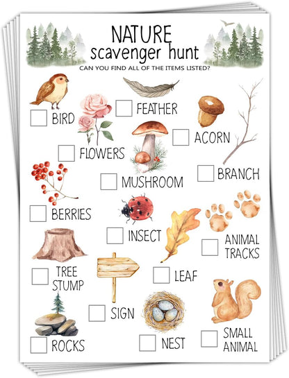 30 Pcs Nature Scavenger Hunt Cards, Find and Seek Camping Sheets, Woodland Themed Holiday Party Game Outdoor Activity for Family Friend -01