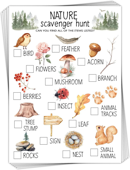 30 Pcs Nature Scavenger Hunt Cards, Find and Seek Camping Sheets, Woodland Themed Holiday Party Game Outdoor Activity for Family Friend -01