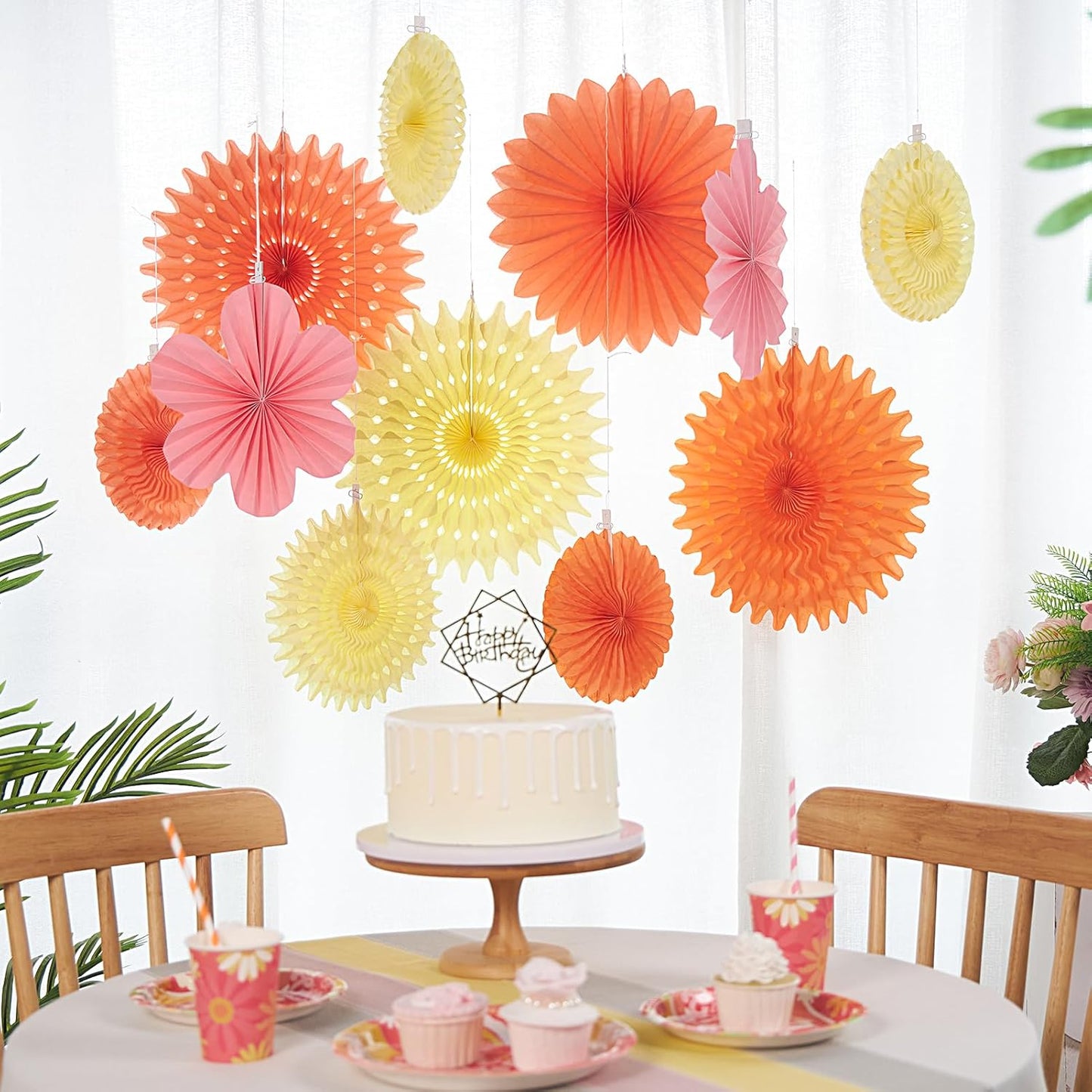 PAPER JAZZ Paper Flowers with Paper Fan Boho Hanging Decor Artificial Flowers Decorations for Wall Pink and Orange Party Decorations for Classroom, Beach Party, Summer Birthday Party Pack of 11.