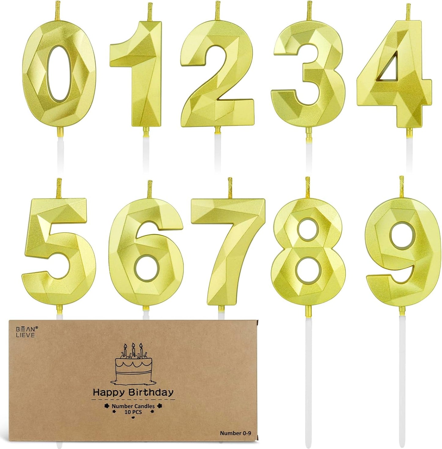 BEAN LIEVE Number Candles 0-9 Set - 10-Pack Diamond-Cut Birthday Candles, Cake Candles - Bulk Cake Decor for 1st-98th Birthdays, Photos, Parties - Kids Women Family Celebrations (Champagne Gold)