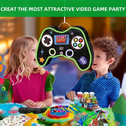 Video Game Pinata Set for Boy Kids Gamer Party with Controller Pinata, Straws, Bracelets, Stickers, Keychain, Confetti Tools for Party Decoration (Black)