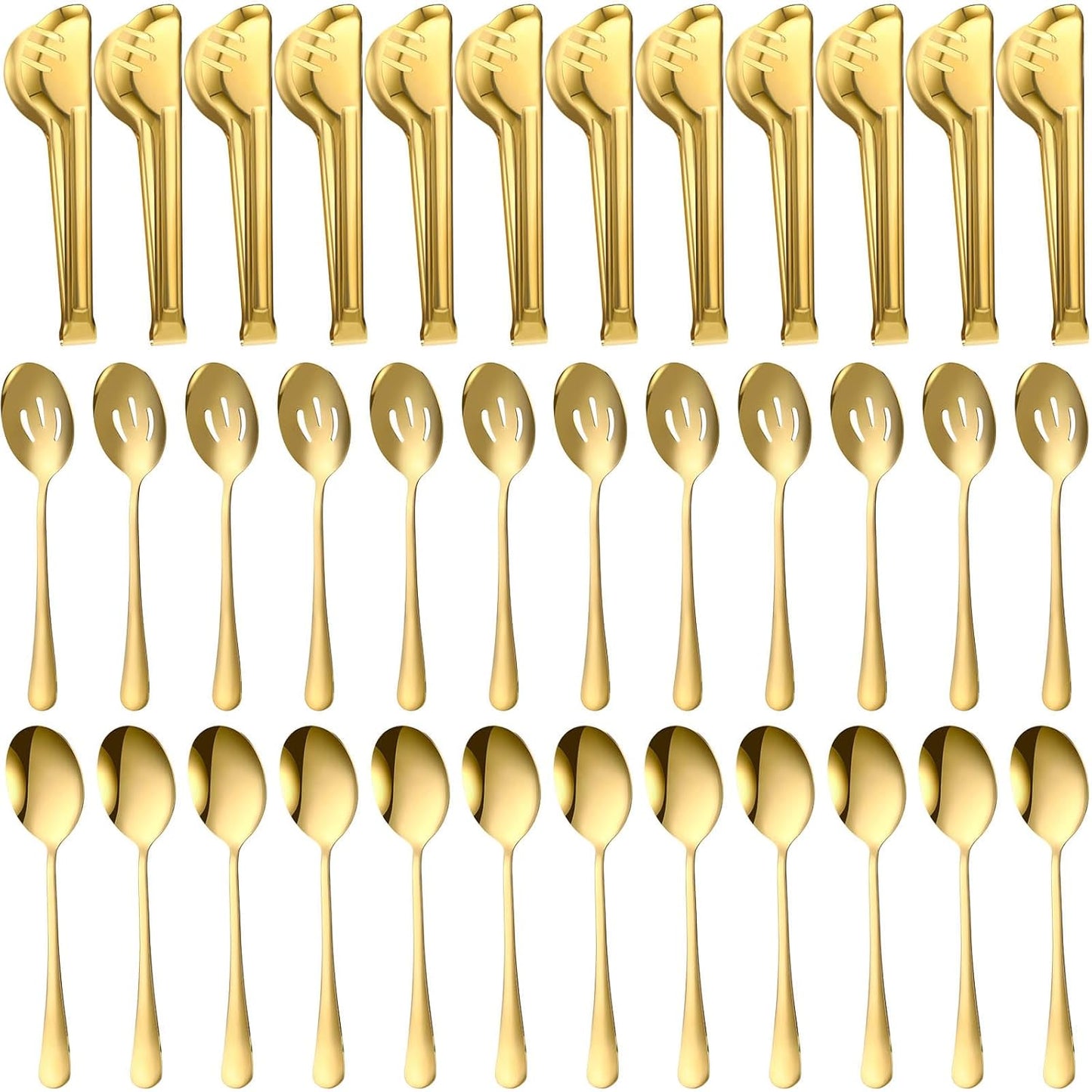 Sabary 36 Pcs Stainless Steel Serving Utensils for Buffet Parties Including 12 Serving Spoons 12 Slotted Spoons 12 Serving Tongs Large Metal Flatware Set for Tanksgiving Catering Banquet(Gold)