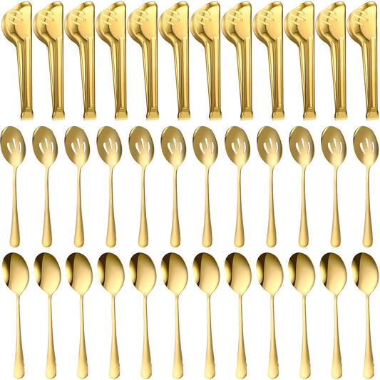 Sabary 36 Pcs Stainless Steel Serving Utensils for Buffet Parties Including 12 Serving Spoons 12 Slotted Spoons 12 Serving Tongs Large Metal Flatware Set for Tanksgiving Catering Banquet(Gold)