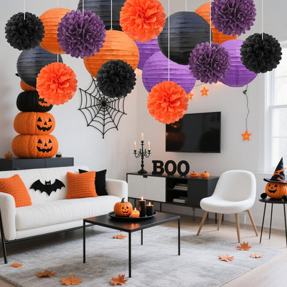 18 PCS Tissue Paper Pom Poms, Tissue Pom Poms Flowers, Sizes of 6", 10", 12", 14" Hanging Paper Flower Ball for Wedding, Birthday, Halloween, Christmas, Baby Shower Party Decor (Red Black Gold)