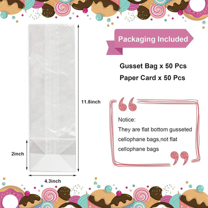 Gusseted Flat Bottom Cellophane Bags with Paper Insert 50Pcs 4x2x8 Inches Smore Bags