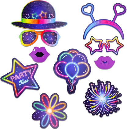 Qpout 25 Pieces Glow Party Photo Props, Neon Party Photo Booth Props, Fluorescent Selfie Props, Glow in The Dark Party Photo Props Posing Props Bar Decoration