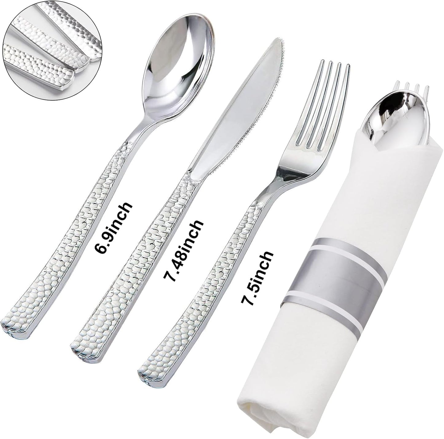 Supernal 180Pcs Silver Plastic Silverware Set, Elegant Hammered Design Heavy Duty Disposable Cutlery, Includes 60 Forks, 60 Knives, 60 Spoons,Silver Plastic Utensils for Wedding, Parties,Events