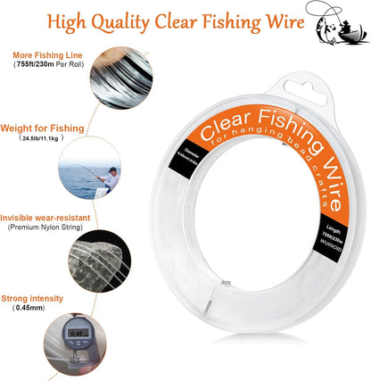 Clear Fishing Line Wire 755 ft, Invisible Monofilament Fishing Line Wire, Nylon String for Hanging Balloons Garland Crafts Picture Decorations, Clear String Threads Cords WUINOID