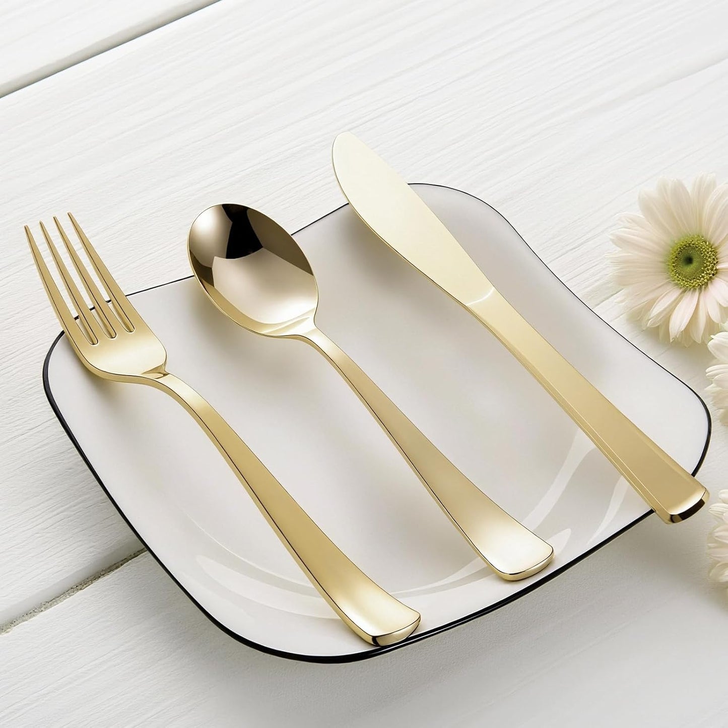144 Pack Gold Premium Heavy Duty Plastic Silverware, 48 Forks, 48 Spoons, 48 Knives, For Catering, Parties, Dinners and Weddings, BPA-Free, Disposable Plastic Cutlery Set Utensils Set