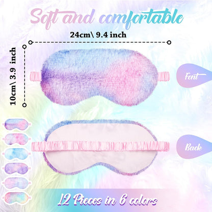 Cuffbow 12 Pcs Plush Sleeping Eye Masks Bulk Comfortable Sleep Eye Cover Mask for Kids Women Men Soft Furry Blindfold Faux Fur Shade for Travel Nap Sleepover Party Supplies(Rainbow)