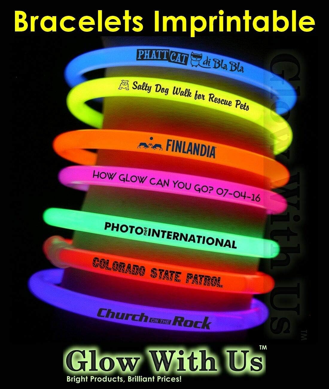Glow Sticks Bracelets Bulk Wholesale, 100 8” Yellow Glow Bracelets, Bright Color, Glow 8-12 Hrs, 100 Connectors Included, Glow Party Favor Supplies, Sturdy Packaging, Great Fun.