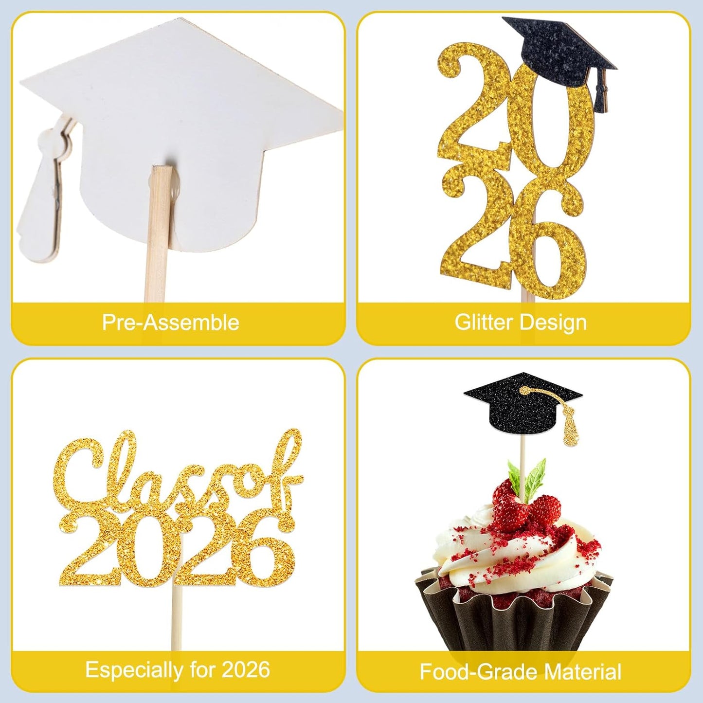 24 Pcs Graduation Cupcake Toppers 2026 - Congrats Grad Decorations Class of 2026, Pre-Assembled Black Gold Grad Cake Topper Centerpieces for Graduation Party Decoration Supplies Table Decor, 6 Styles