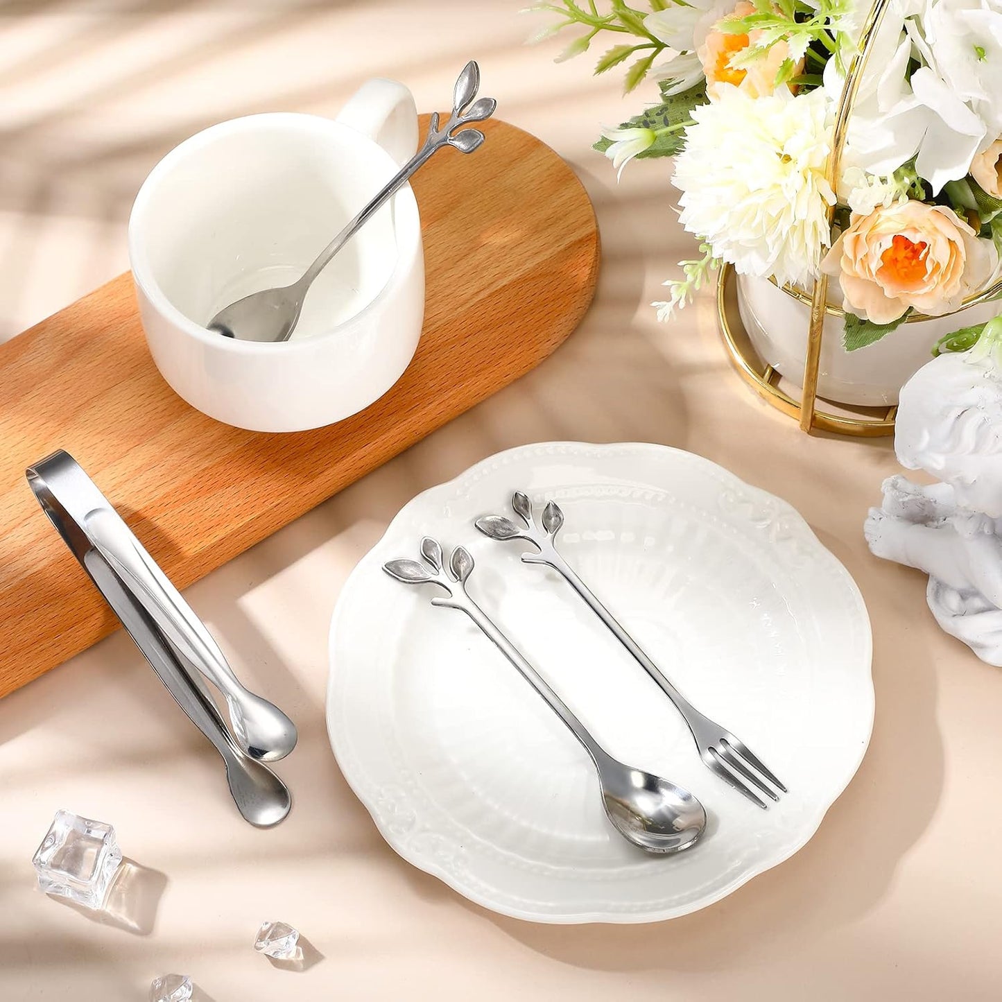 Sieral 10 Pieces Leaf Coffee Spoons, Mini Serving Tongs and Appetizer Forks Stainless Steel Sugar Cube Tongs Dessert Spoons Metal Dinner Forks for Dessert Coffee Tea (Silver)